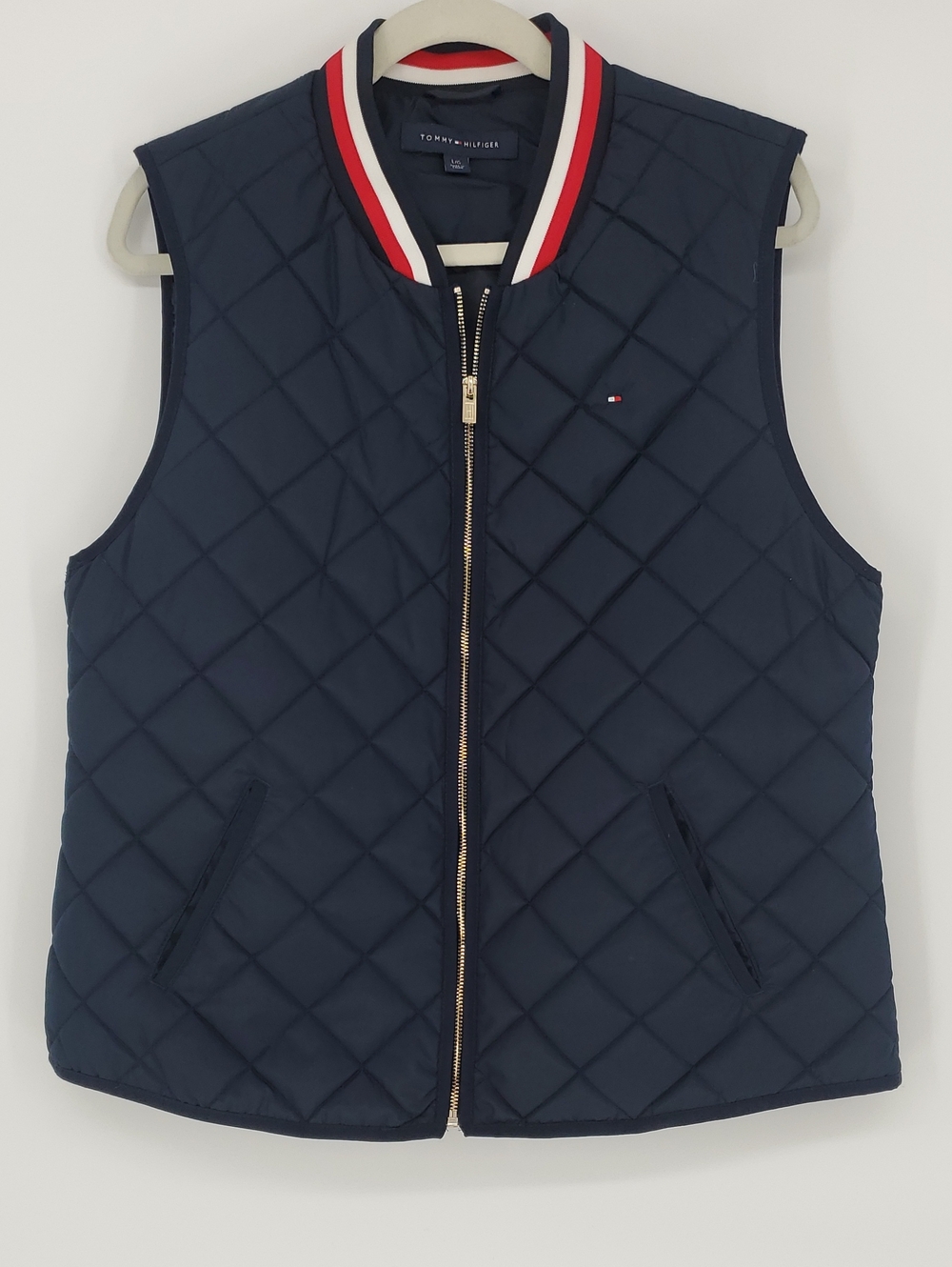 Tommy Hilfiger Navy Quilted Full Zip Vest with Red-White Trim Mens Size Large